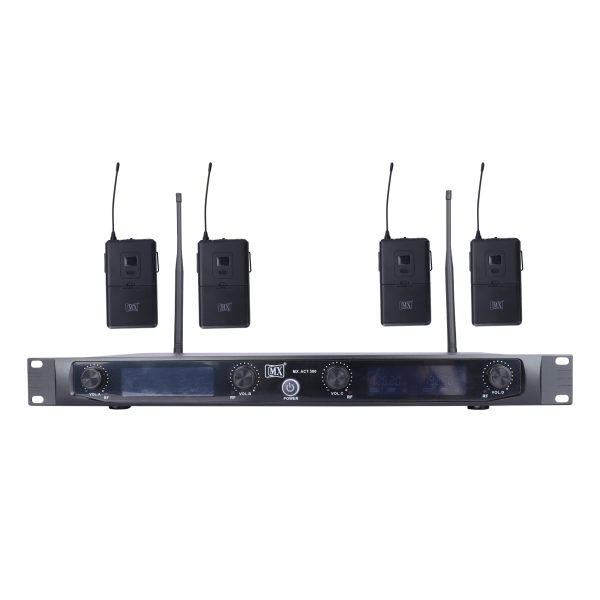 MX 4-Channel UHF Wireless Microphone System with 4 Lapel Mics and Bodypack Transmitters - Fixed Frequency for Party, Wedding Host, Business Meeting, & Multi-Purpose Use
