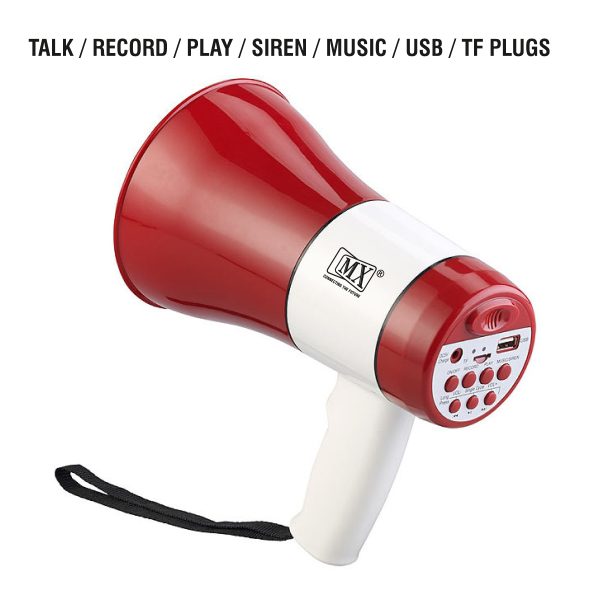 Here is the corrected product title: "MX Portable PA Megaphone - Foldable 30-Watt Handheld Megaphone with Recorder, USB, and Memory Card Input. Talk, Record, Play Siren, and Music"