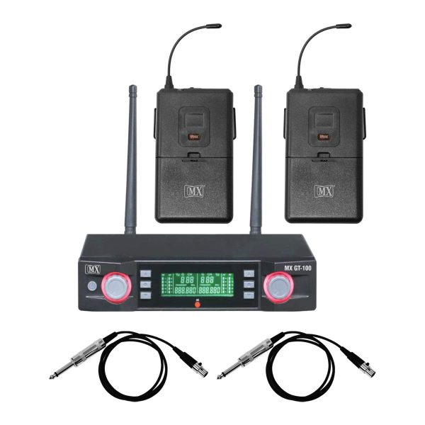 MX Professional UHF Dual Wireless Microphone System with 2 Lapel Mics and 2 XLR to Mono Cables, Suitable for Electric Guitar, Bass, and Violin