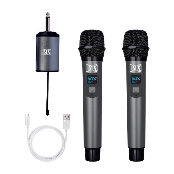 MX Dual UHF Wireless Microphone with two handheld transmitter microphones with variable frequency, ideal for parties, wedding hosts, business meetings, and multi-purpose use
