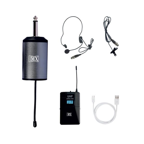 "MX UHF Wireless Microphone featuring one lapel mic bodypack transmitter with variable frequency, ideal for parties, wedding hosts, business meetings, and multi-purpose use."