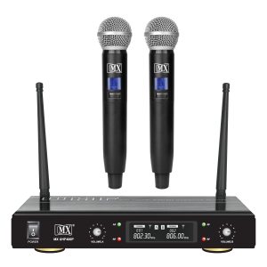 MX Dual UHF Wireless Microphone System with two handheld mics, ideal for parties, wedding hosts, business meetings, and multi-purpose use