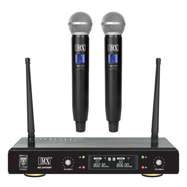 MX Dual UHF Wireless Microphone System with two handheld mics, ideal for parties, wedding hosts, business meetings, and multi-purpose use