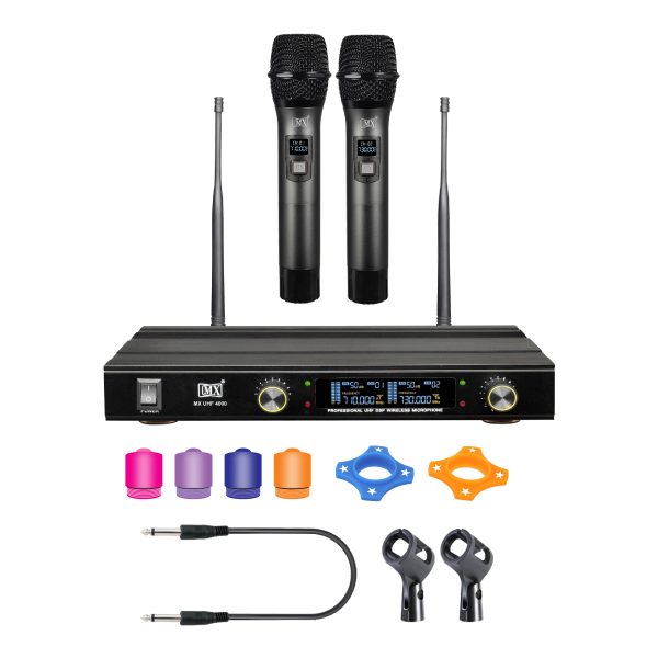 MX Dual UHF Wireless Microphone System with two handheld mics, perfect for parties, wedding hosts, business meetings, and multi-purpose use