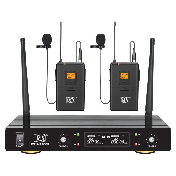 MX Dual UHF Wireless Microphone System with two lapel mic body packs, perfect for parties, wedding hosts, business meetings, and multi-purpose use