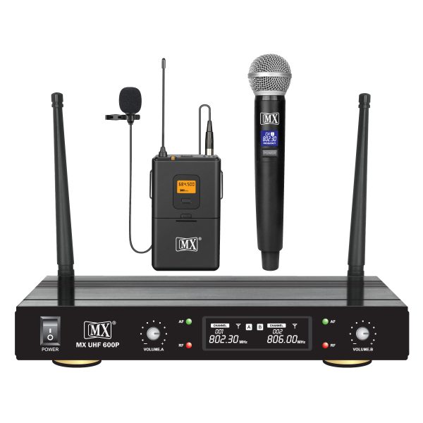 MX Dual UHF Wireless Microphone System with one handheld and one lapel mic body pack, ideal for parties, wedding hosts, business meetings, and multi-purpose use