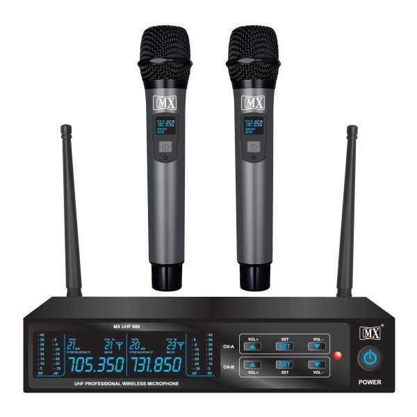 MX UHF Wireless Microphone System with two handheld mics featuring variable frequency, perfect for parties, wedding hosts, business meetings, and multi-purpose use