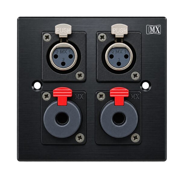 MX Stainless Steel wall plate : 2 Way XLR Female type + 2 Phono (6.35 mm) Stereo Socket : 86mm X 86mm