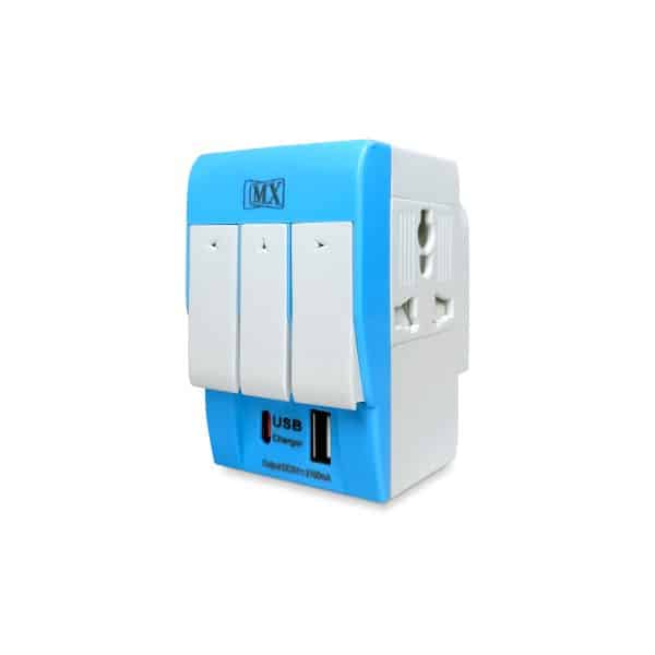 MX 3 Pin Multi Plug Socket-Worldwide Universal Socket Travel Adapter with USB Ports & Type-C PD Individual Switch Safety Shutter LED Indicator-3 Way Plug Socket (5A-250V)Fast Charging-Type D plug