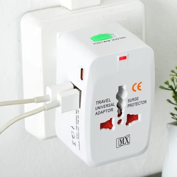 MX Universal Worldwide Travel Adapter inbuilt Surge Protector with Type C & Dual USB Port, LED & Child Safety Shutter-Universal Socket for UK, Europe, USA, Australia, China, Japan & Thailand (White)