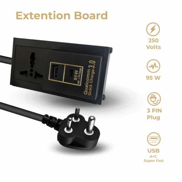 MX Single Socket Extension Board with Universal Socket | 95W USB Type-C PD & 1 USB-A Port | 3-Pin Plug | Flame Retardant Body | 1.5 Mtr Heavy-Duty Cable | Safety Shutter | 6A–13A Rated