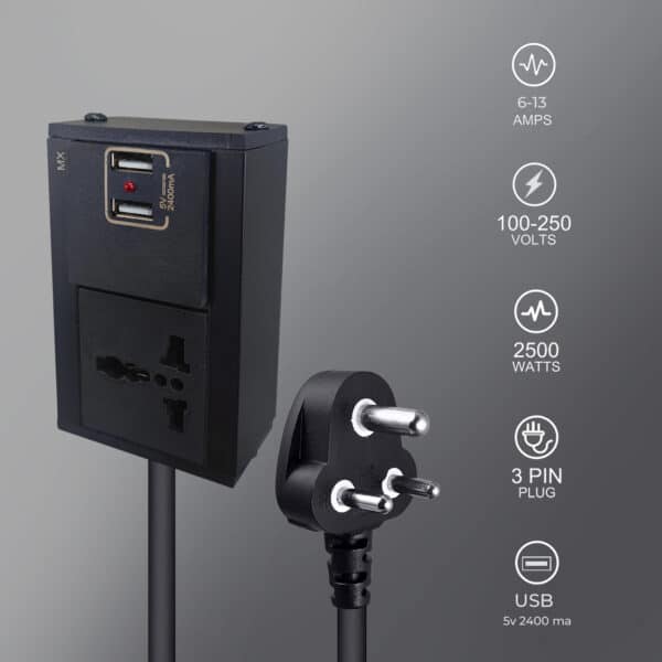 MX Single Socket Extension Board with 2 USB Ports (5V/2.4A) 3-Pin Plug 6a to 13a Socket 1.5 Meter Heavy Duty Cable Flame Retardant Body with Indicator & Safety Shutter