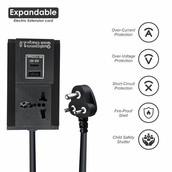 MX Single Socket Extension Board with 65W Type-C PD & 1 USB-A Port | 3-Pin Plug | 6A–13A Universal Socket 1.5 Meter Heavy Duty Cable Flame Retardant Body & Safety Shutter –Home, Office, Laptop Use
