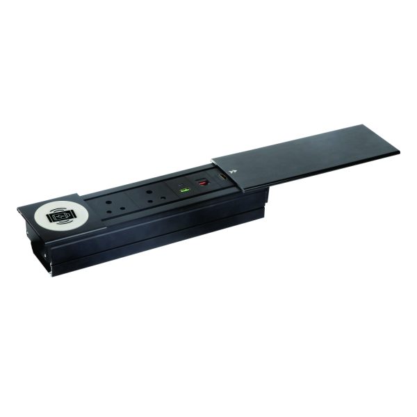 MX Desktop Access Flap Sliding Open with 15 Watt Wireless charger with 2 Indian Socket/1 HDMI(4K) /1 RJ-45(CAT-6)/2 USB (A+C 18W PD) Cable Manager ( MX 7005 SD Qi ) (Black)