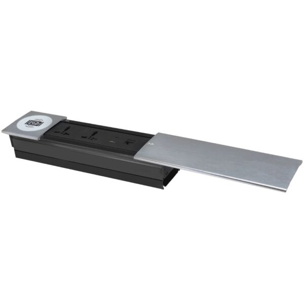 MX Desktop Access Flap Sliding Open with 15 Watt Wireless charger with 2 Indian Socket/1 HDMI(4K) /1 RJ-45(CAT-6)/2 USB (A+C 18W PD) Cable Manager ( MX 7005 SD Qi ) (Silver) (Copy)