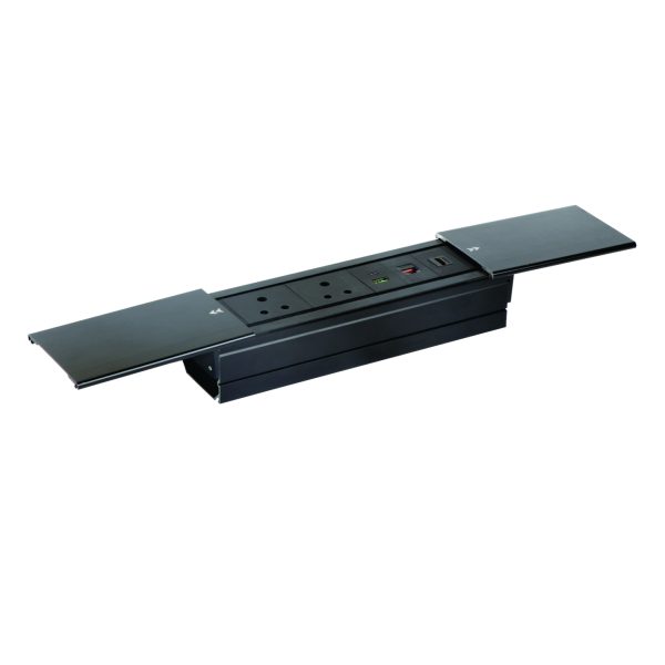 MX Desktop Access Flap with Double Sliding Open with 2 Indian Socket/1 HDMI(4K) /1 RJ-45(CAT-6)/2 USB (A+C 18W PD) Cable Manager ( MX 7005 2U ) (Black)