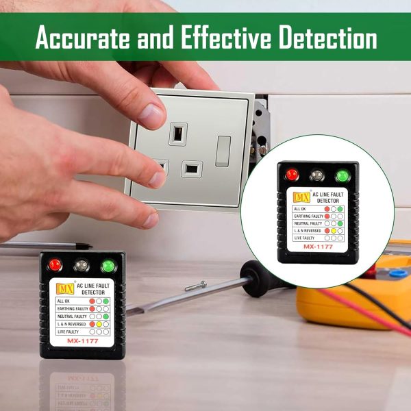MX AC Line Fault Detector Plug Tester for UK Sockets – Auto Wire Connection Checker, 3-Way LED Indicator, Live Neutral Earth Fault Detector,13A UK Outlet Tester, Plug-in Home Wiring Inspector