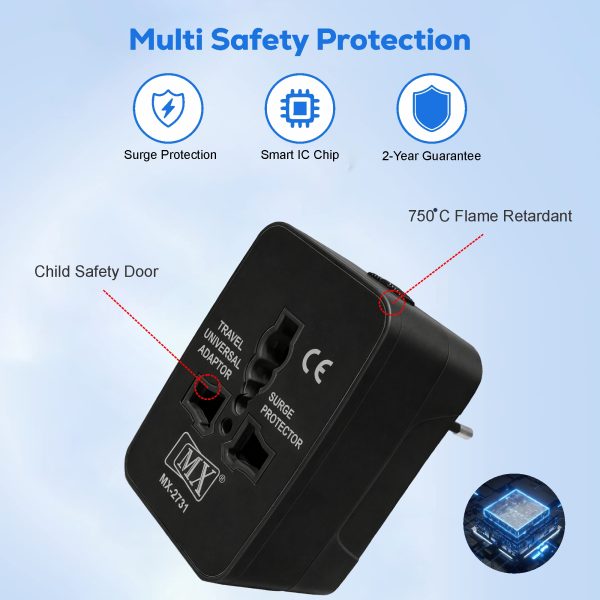 MX Universal Travel Adapter, Worldwide All over 150 International Countries with LED & Child Safety Shutter-Universal Socket Compatible in UK, Europe, USA, Australia, China, Japan & Thailand Black