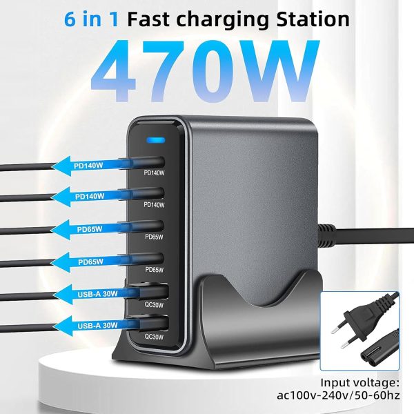 MX 470W USB C Charging Station 6-Port Charging Adapter,140W Multi-Port USB Charging, GaN Ⅲ PD PPS Fast Charging Station for Multiple Devices,Laptop,MacBook, DELL, iPad, iPhone