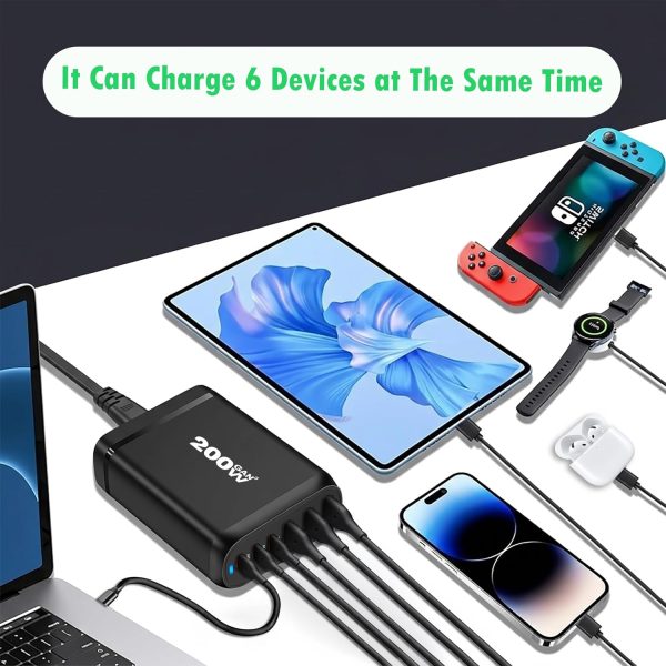 MX 200W GaN USB C Charging Station, 6-Port Desktop Charger with PD 100W Type C Power Supply QC3.0 Fast Charging for MacBook Pro 16"/Air, Dell XPS, iPad Pro, iPhone 17/16/15, Galaxy S25/S24