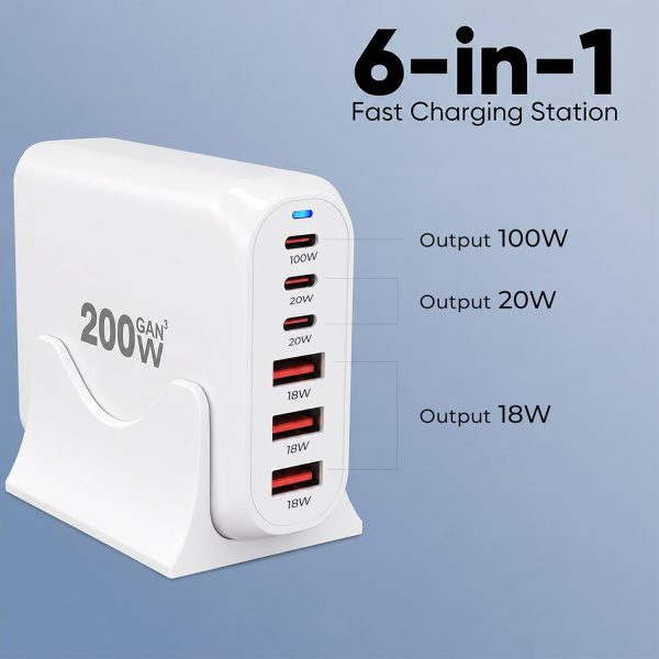 MX 200W USB C Charging Station White, GaN III 6-Port Fast Charging USB C Charger Hub,PD 100W Laptop Charging Adapter Compatible with MacBook Pro/Air,DELL,Steam Deck,iPhone 16/15/14,Galaxy S23/22