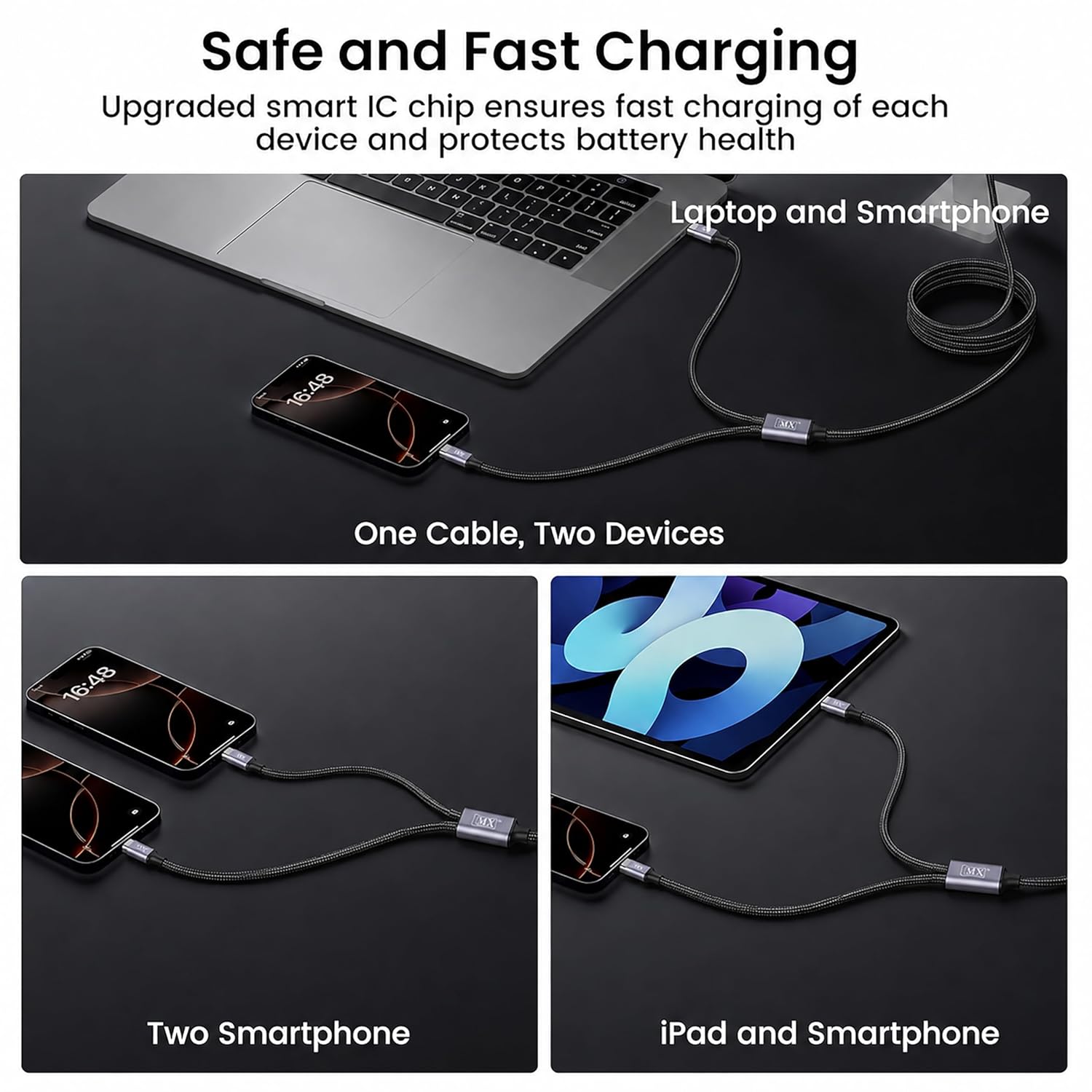 MX 2 in 1 USB C to Dual USB C Charging & Data Cable 1 MTR 100W Max, 2 in 1 USB Fast Charging Data Cable for iPhone 17/17Pro Max/16/15 Series, MacBook Air/Pro, iPad, Laptops, Samsung Galaxy Series
