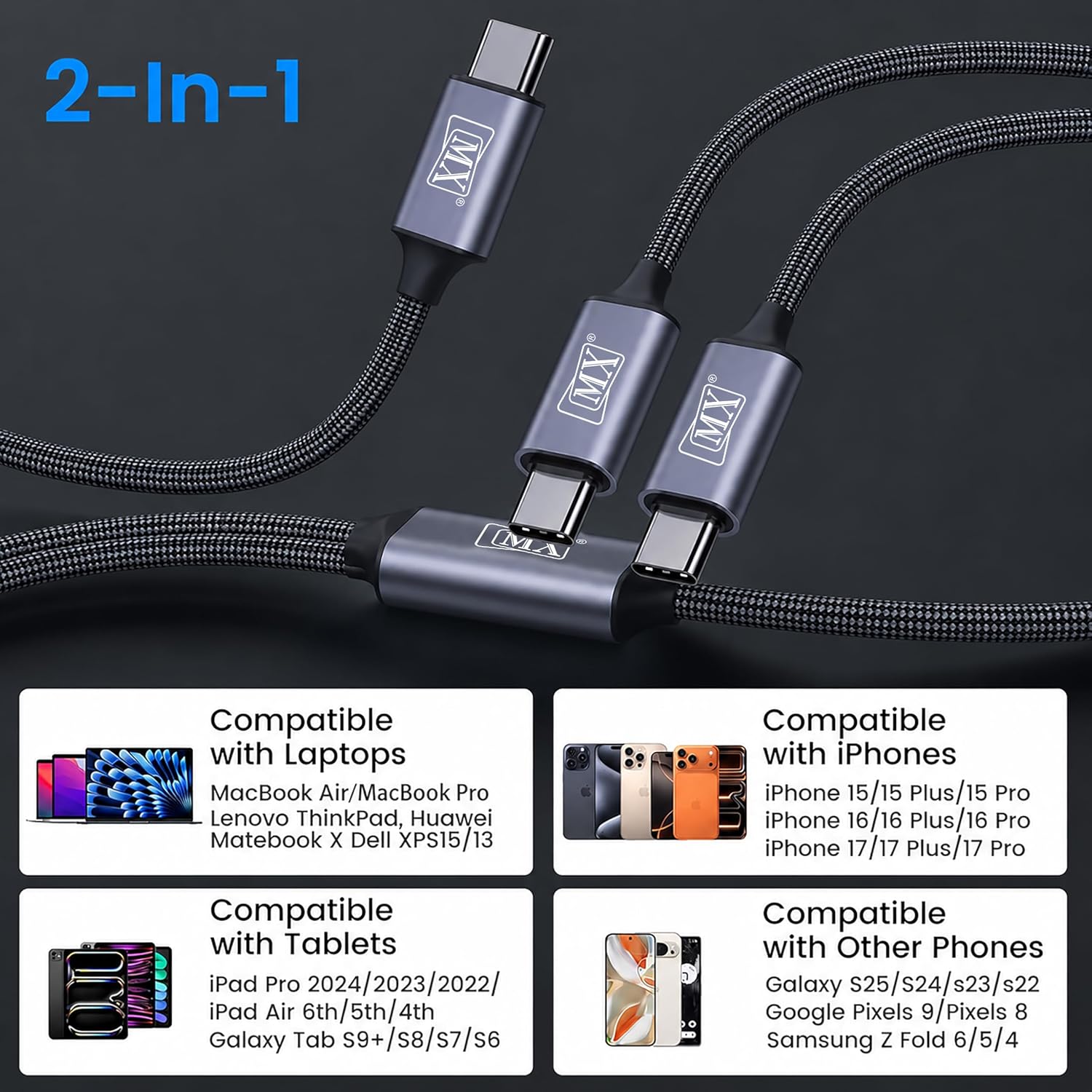 MX 2 in 1 USB C to Dual USB C Charging & Data Cable 1 MTR 100W Max, 2 in 1 USB Fast Charging Data Cable for iPhone 17/17Pro Max/16/15 Series, MacBook Air/Pro, iPad, Laptops, Samsung Galaxy Series