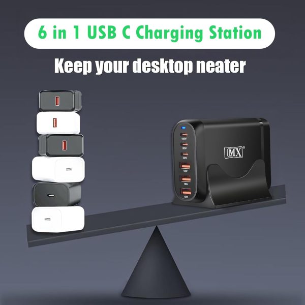 MX 200W GaN USB C Charging Station, 6-Port Desktop Charger with PD 100W Type C Power Supply QC3.0 Fast Charging for MacBook Pro 16"/Air, Dell XPS, iPad Pro, iPhone 17/16/15, Galaxy S25/S24