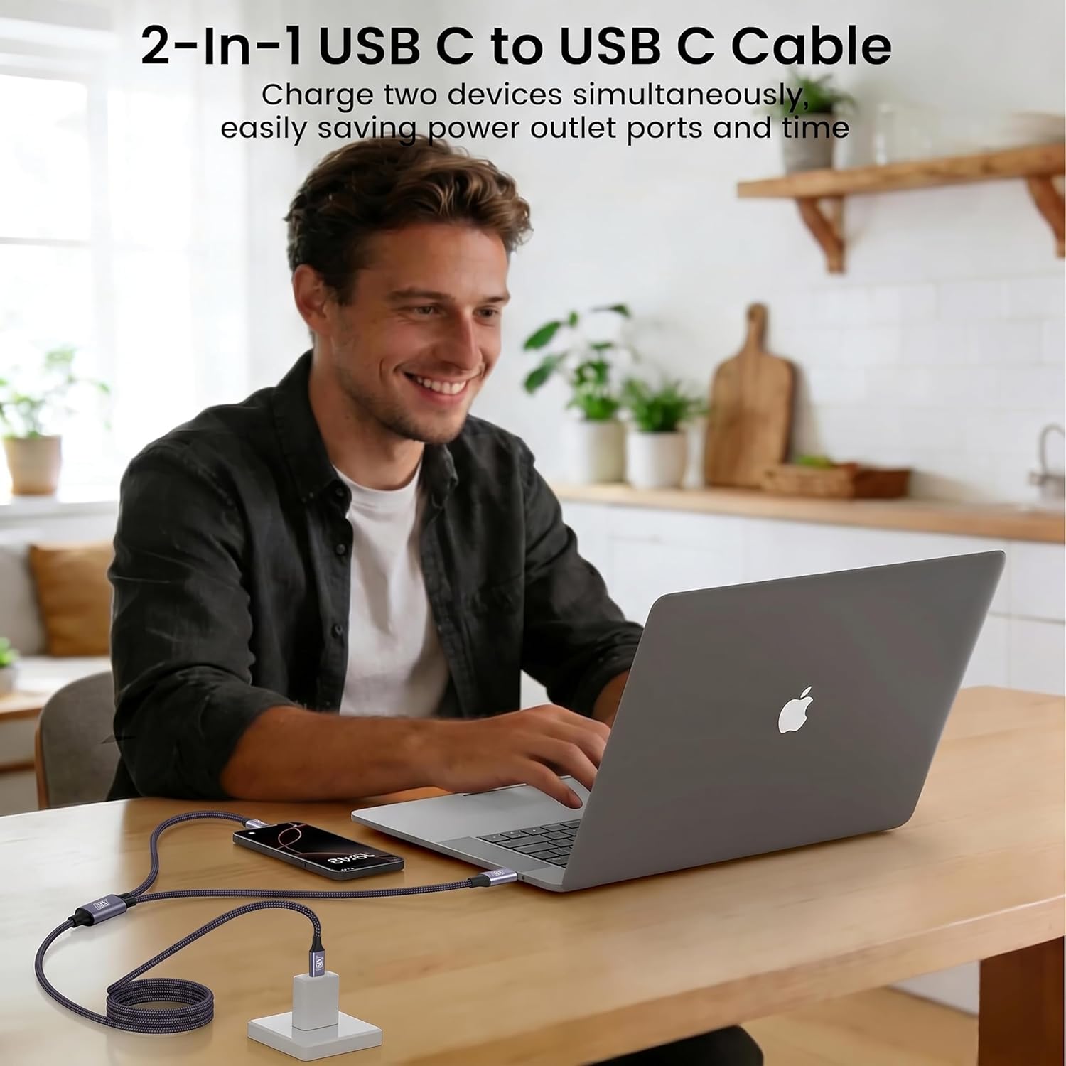 MX 2 in 1 USB C to Dual USB C Charging & Data Cable 1 MTR 100W Max, 2 in 1 USB Fast Charging Data Cable for iPhone 17/17Pro Max/16/15 Series, MacBook Air/Pro, iPad, Laptops, Samsung Galaxy Series