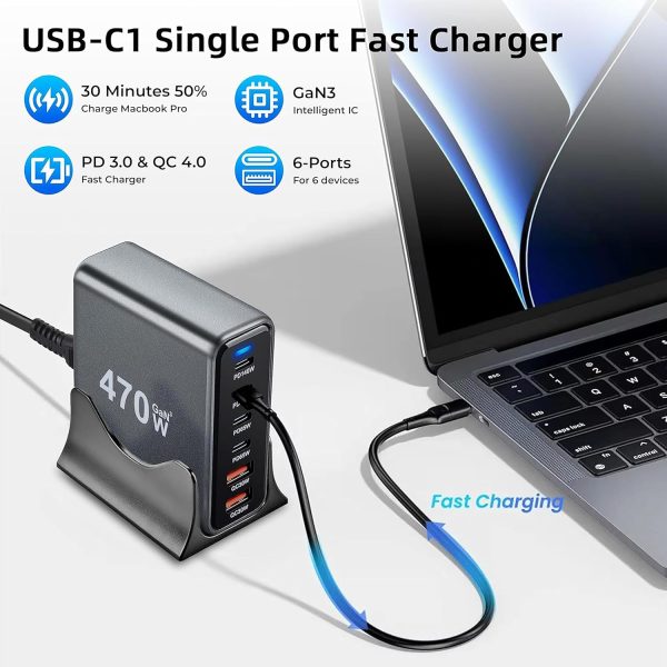 MX 470W USB C Charging Station 6-Port Charging Adapter,140W Multi-Port USB Charging, GaN Ⅲ PD PPS Fast Charging Station for Multiple Devices,Laptop,MacBook, DELL, iPad, iPhone