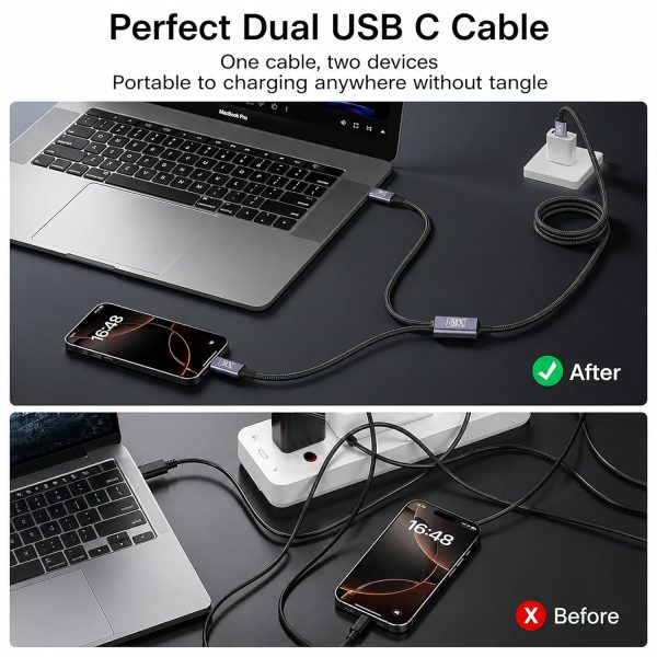 MX 2 in 1 USB C to Dual USB C Charging & Data Cable 1 MTR 100W Max, 2 in 1 USB Fast Charging Data Cable for iPhone 17/17Pro Max/16/15 Series, MacBook Air/Pro, iPad, Laptops, Samsung Galaxy Series