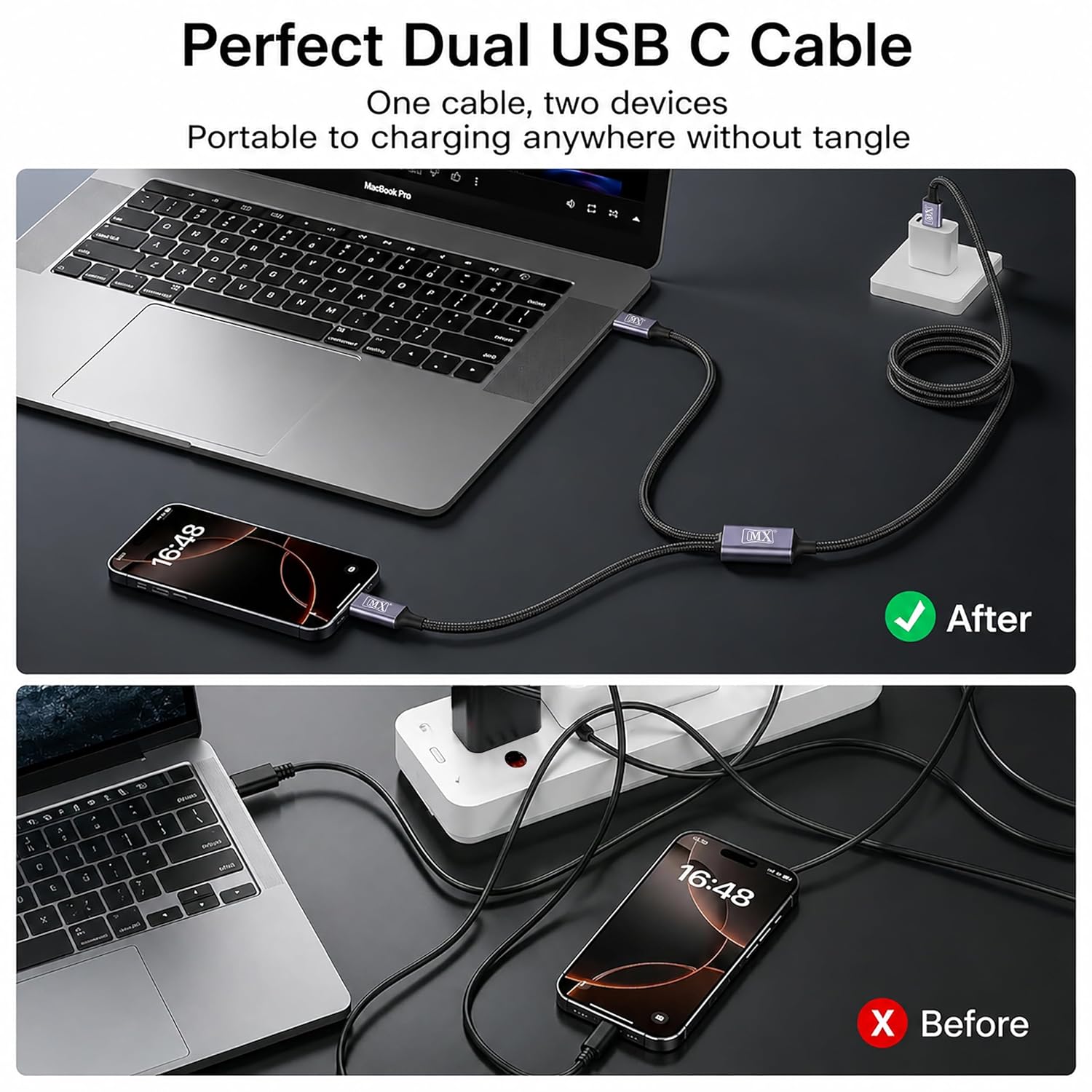 MX 2 in 1 USB C to Dual USB C Charging & Data Cable 1 MTR 100W Max, 2 in 1 USB Fast Charging Data Cable for iPhone 17/17Pro Max/16/15 Series, MacBook Air/Pro, iPad, Laptops, Samsung Galaxy Series