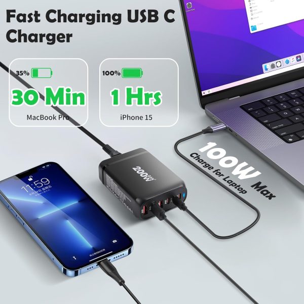 MX 200W GaN USB C Charging Station, 6-Port Desktop Charger with PD 100W Type C Power Supply QC3.0 Fast Charging for MacBook Pro 16"/Air, Dell XPS, iPad Pro, iPhone 17/16/15, Galaxy S25/S24