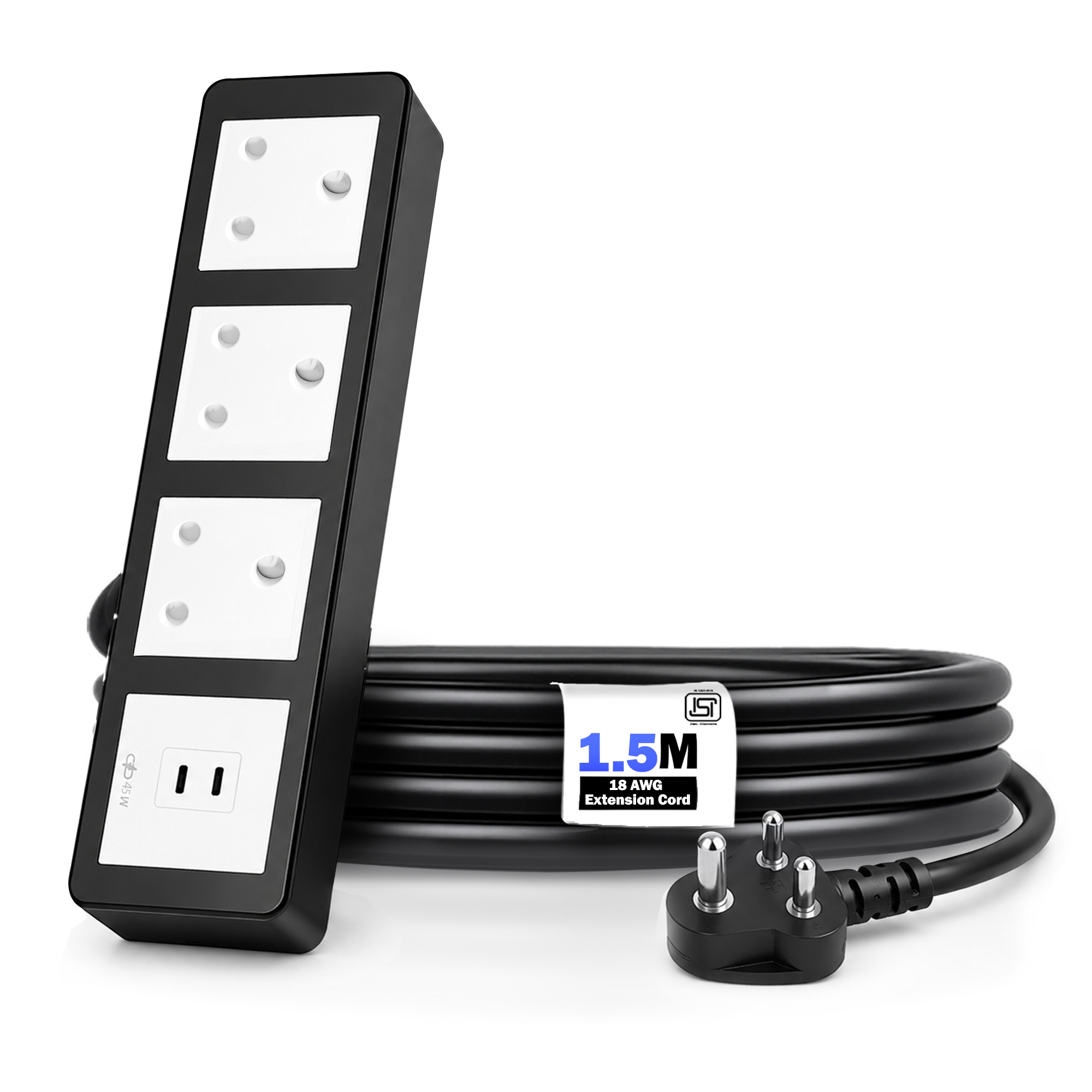 MX Power Strip with Indian Standard 3-Pin Socket 16 Amps | 45W USB C+C PD Fast Charging | ISI Marked Cord