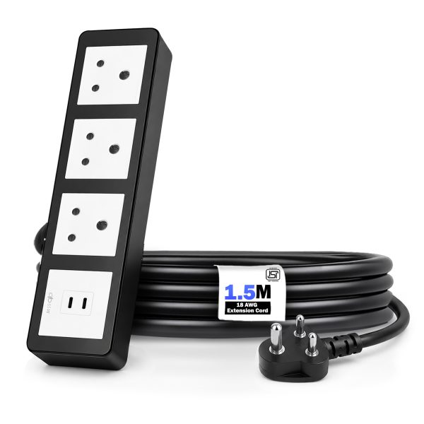 MX Power Strip with Indian Standard 3-Pin Socket 6 Amps | 65W USB C+C PD Fast Charging | ISI Marked Cord
