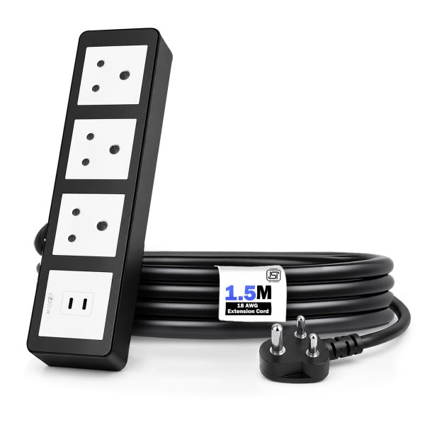 MX Power Strip with Indian Standard 3-Pin Socket 6 Amp & | 35W USB C+C PD Fast Charging | ISI Marked Cord