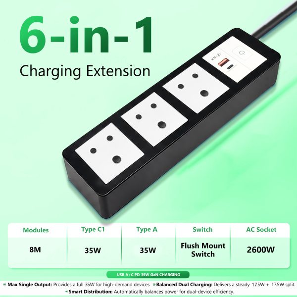 MX Power Strip with Indian Standard 3-Pin Socket 6 Amp & Flush Switch | 35W USB A+C Fast Charging | ISI Marked Cord