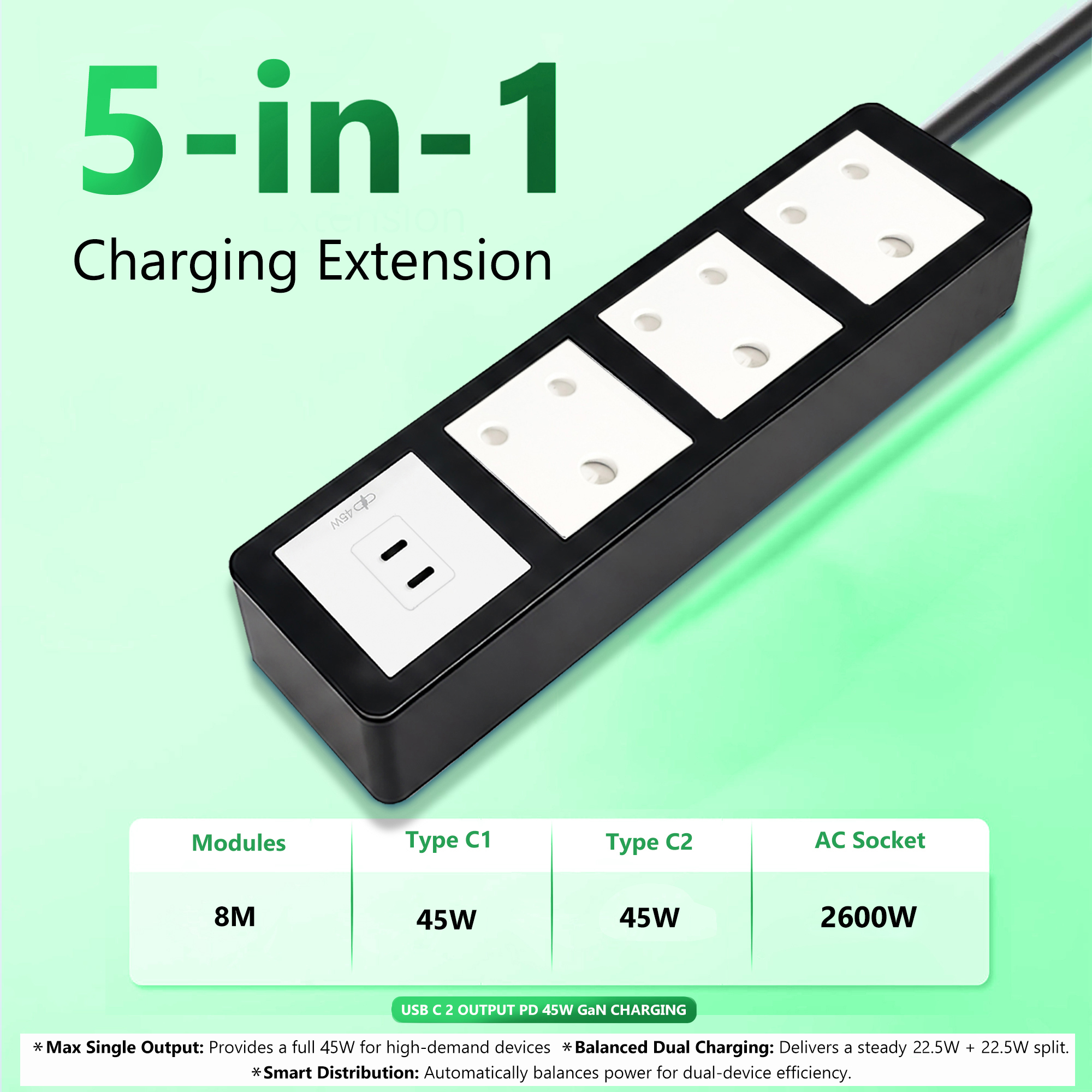 MX Power Strip with Indian Standard 3-Pin Socket 16 Amps | 45W USB C+C PD Fast Charging | ISI Marked Cord