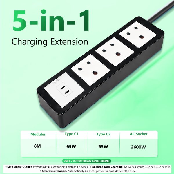 MX Power Strip with Indian Standard 3-Pin Socket 6 Amps | 65W USB C+C PD Fast Charging | ISI Marked Cord
