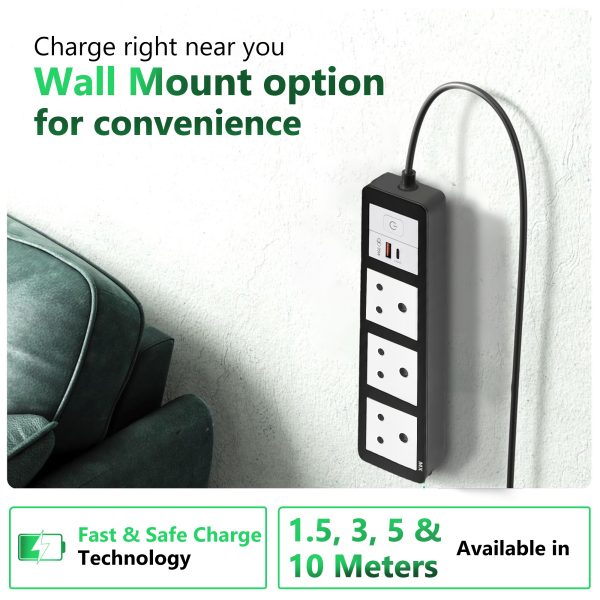 MX Power Strip with Indian Standard 3-Pin Socket 6 Amp & Flush Switch | 35W USB A+C Fast Charging | ISI Marked Cord