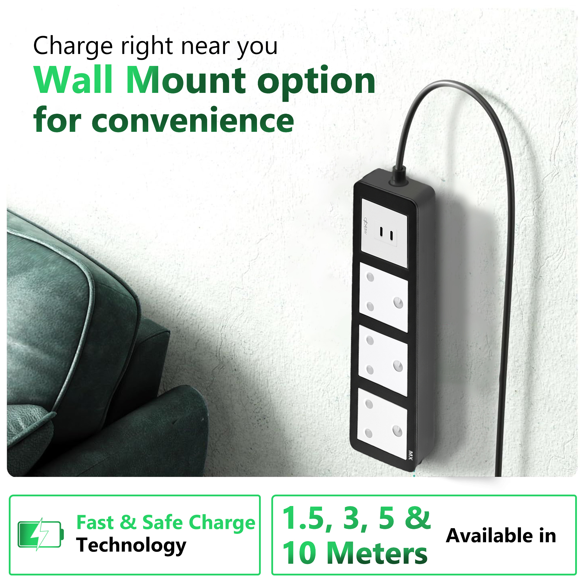 MX Power Strip with Indian Standard 3-Pin Socket 16 Amps | 45W USB C+C PD Fast Charging | ISI Marked Cord