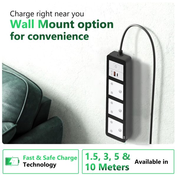 MX Power Strip with Indian Standard 3-Pin Socket 16 Amp & Flush Switch | 35W USB A+C Fast Charging | ISI Marked Cord