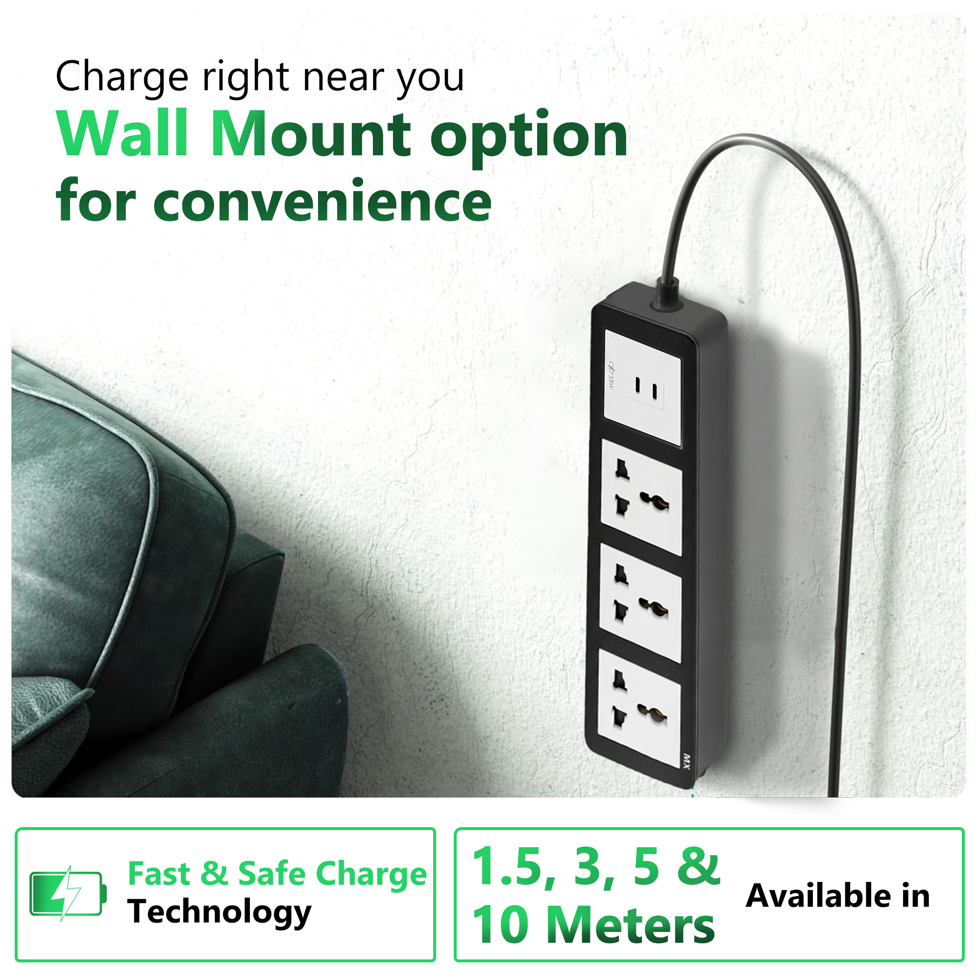 MX Power Strip with Universal 3-Pin Socket | 35W USB C+C PD Fast Charging | ISI Marked Cord