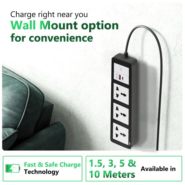 MX Power Strip with Universal 3-Pin Socket & Flush Switch | 35W USB A+C Fast Charging | ISI Marked Cord