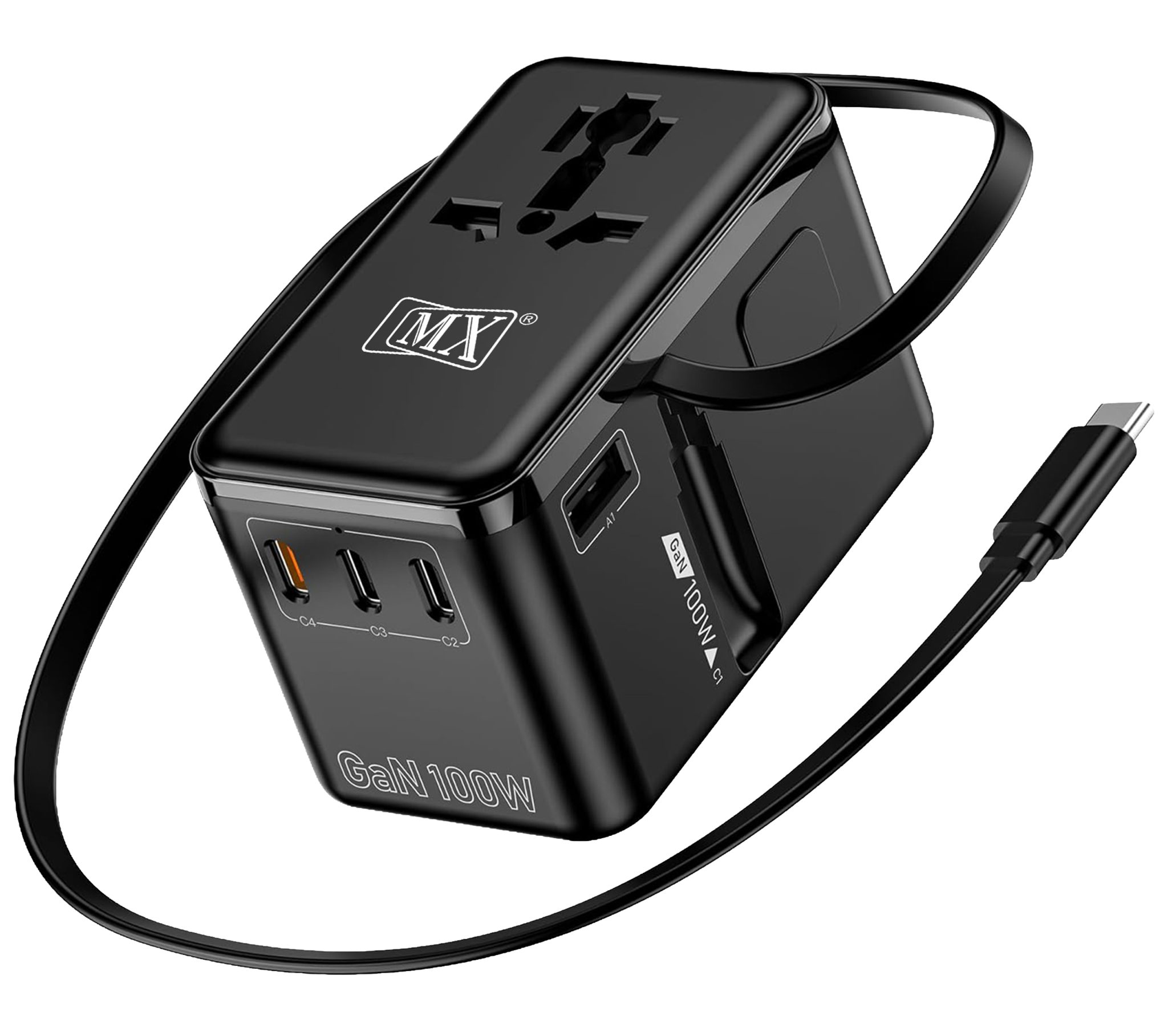 MX GaN 100W Universal Travel Adapter with Retractable 54cm USB-C Cable, 3 USB-C Ports & 1 A Port, 1 Universal Socket, 6-in-1 Fast Charging International Adapter, Type A/C/G/I Output 200+ Countries