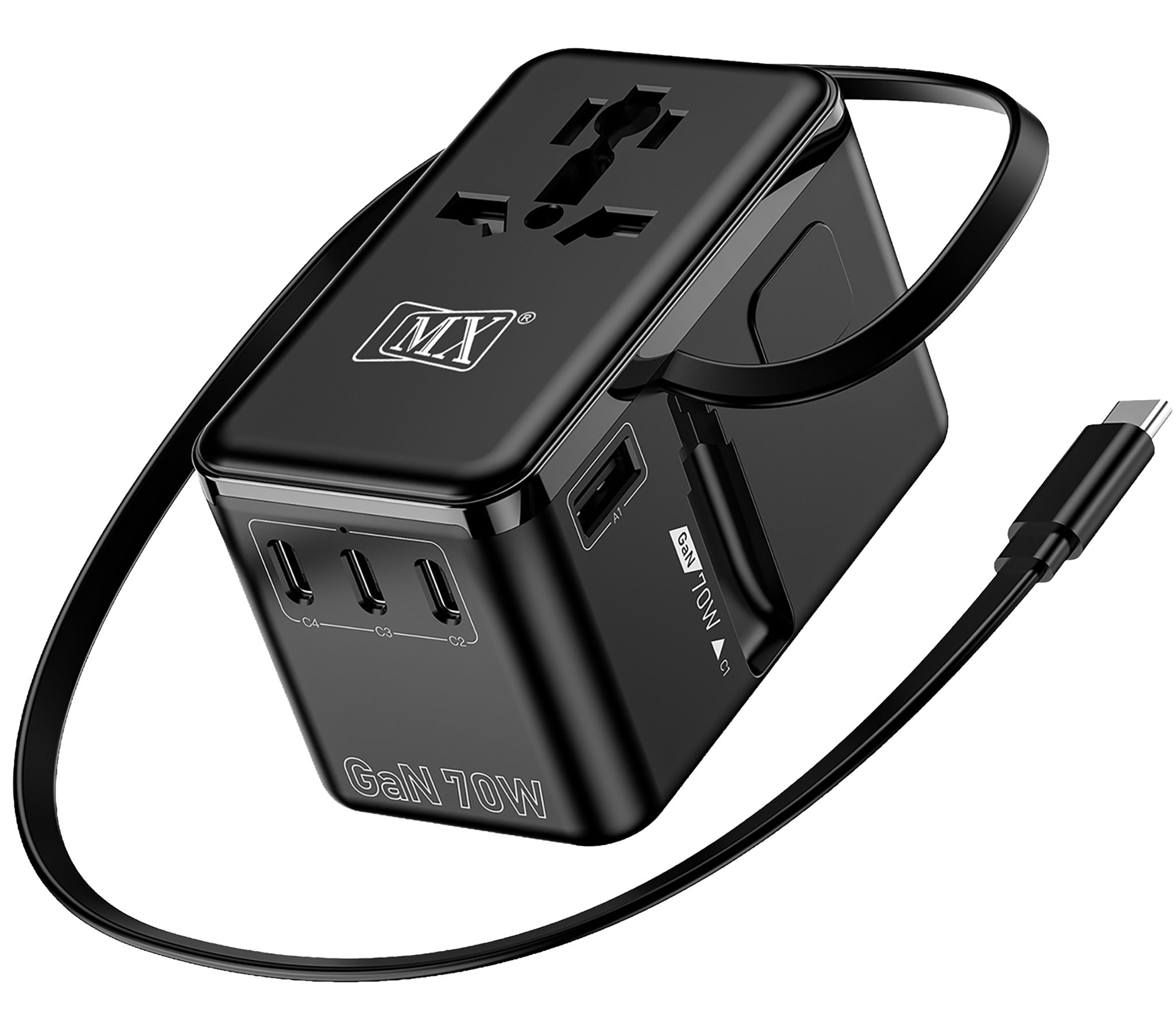 MX GaN 70W Universal Travel Adapter with Retractable 54cm USB-C Cable, 3 USB-C Ports & 1 A Port, 1 Universal Socket, 6-in-1 Fast Charging International Adapter, Type A/C/G/I Output 200+ Countries