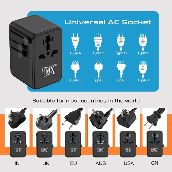 MX GaN 70W Universal Travel Adapter with Retractable 54cm USB-C Cable, 3 USB-C Ports & 1 A Port, 1 Universal Socket, 6-in-1 Fast Charging International Adapter, Type A/C/G/I Output 200+ Countries