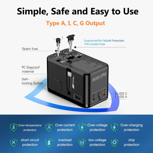 MX GaN 100W Universal Travel Adapter with Retractable 54cm USB-C Cable, 3 USB-C Ports & 1 A Port, 1 Universal Socket, 6-in-1 Fast Charging International Adapter, Type A/C/G/I Output 200+ Countries