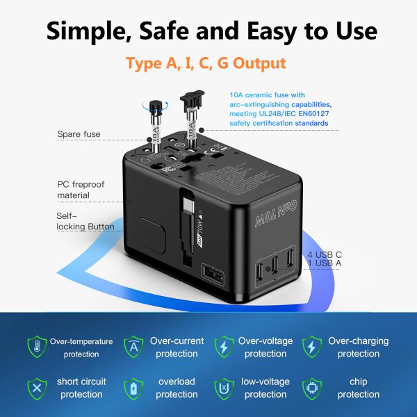 MX GaN 70W Universal Travel Adapter with Retractable 54cm USB-C Cable, 3 USB-C Ports & 1 A Port, 1 Universal Socket, 6-in-1 Fast Charging International Adapter, Type A/C/G/I Output 200+ Countries