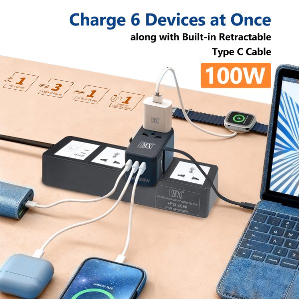 MX GaN 100W Universal Travel Adapter with Retractable 54cm USB-C Cable, 3 USB-C Ports & 1 A Port, 1 Universal Socket, 6-in-1 Fast Charging International Adapter, Type A/C/G/I Output 200+ Countries